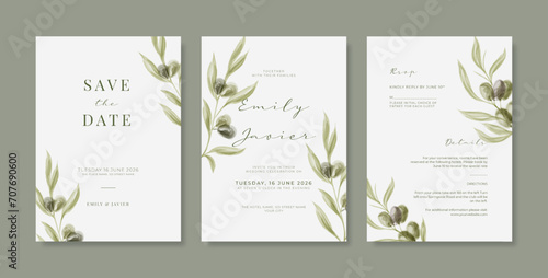 Elegant and minimalist wedding invitation with olive watercolor