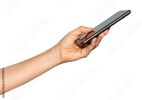 Isolated female hand with black unrecognisable smart phone. Cellphone in hand.