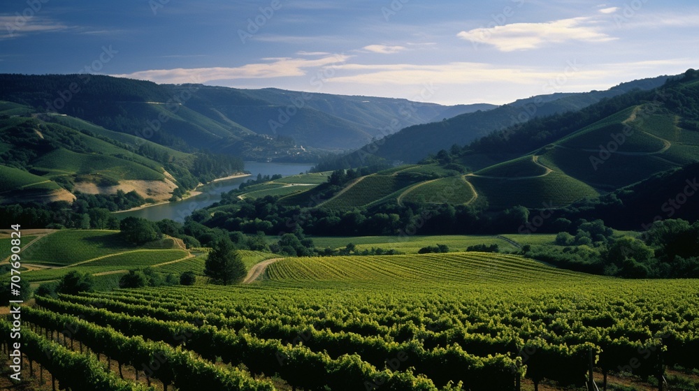 A sprawling vineyard, rows of grapevines neatly arranged against a backdrop of rolling hills.