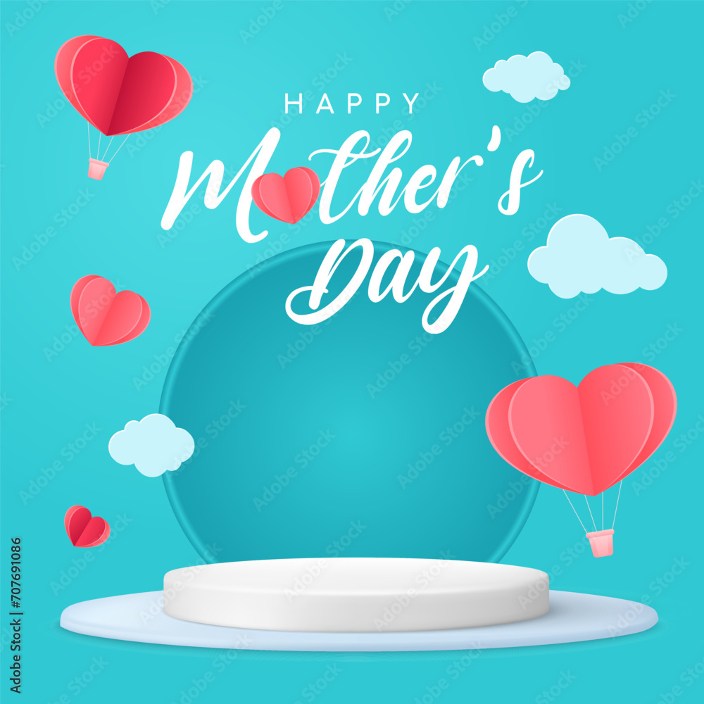 Realistic 3D cylindrical podium with heart shaped background for mother's day banner. Mother's day minimal scene for products showcase, Promotional display. Vector room platforms.