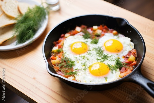 skillet on wooden board, shakshuka and fresh dill atop