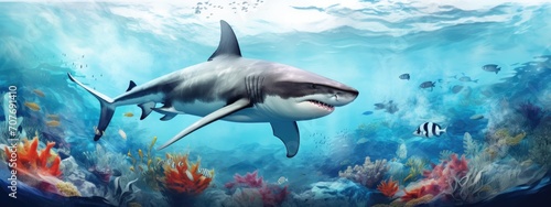 a grey shark in a beautiful blue ocean  with fishes, seaweed and corals. turquoise water color. background wallpaper photo