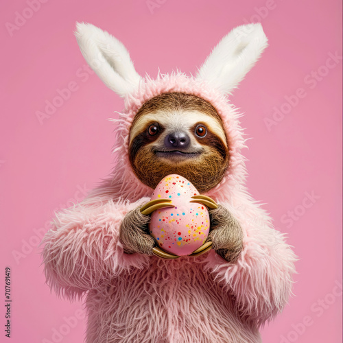Cute sloth in a easter bunny costume holding a easter egg