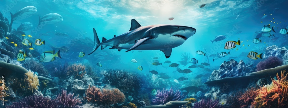 Fototapeta premium a grey shark in a beautiful blue ocean with fishes, seaweed and corals. turquoise water color. background wallpaper