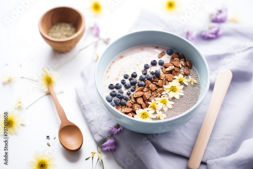 blueberry banana smoothie bowl with a sprinkle of flax seeds