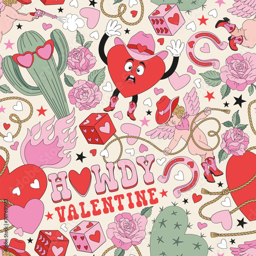 Howdy Valentine funny cartoon character heart shape cowboy cactus hands up cupid with lasso vector seamless pattern. Wild West Saint Valentines Day romantic love background.