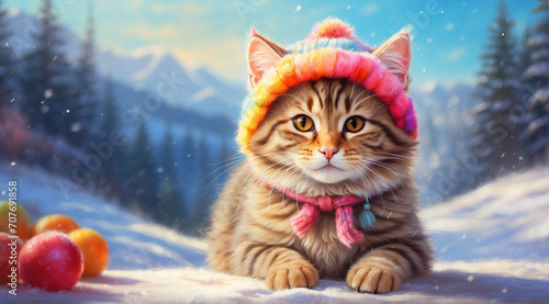 A pink nosed striped cat sits alone on the snow wearing a winter hat. beautiful winter scenery. Generative Ai photo