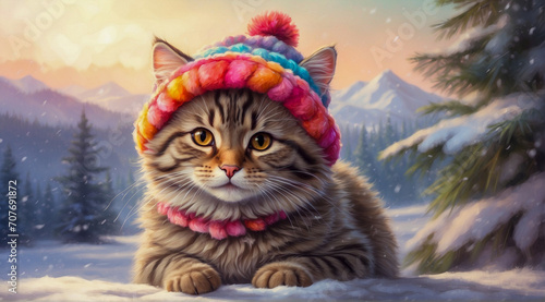 A striped cat sits alone on a snowy field wearing a cute winter hat. beautiful winter scenery. Generative Ai photo