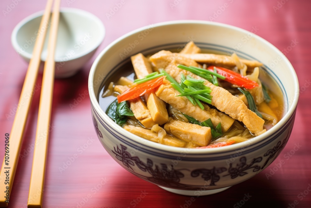 hot and sour soup with tofu and bamboo shoots, served in a traditional bowl hot and sour soup with tofu and bamboo shoots, served in a traditional bowl