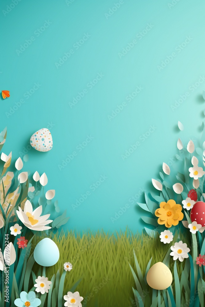 Paper cut Easter banner with colorful eggs, grass and flowers, with empty copy space Generative AI Paper cut Easter banner with colorful eggs, grass and flowers, with empty copy space Generative AI