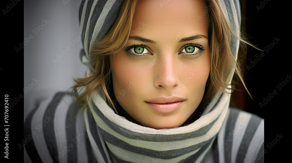 Silken Whispers, The Enigmatic Grace of a Woman With a Serene Scarf Encircling Her Crown Silken Whispers, The Enigmatic Grace of a Woman With a Serene Scarf Encircling Her Crown
