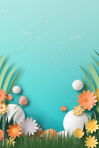 Paper cut Easter banner with colorful eggs, grass and flowers, with empty copy space Generative AI