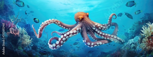 a octopus squid in a beautiful blue ocean  with fishes, seaweed and corals. turquoise water color. background wallpaper