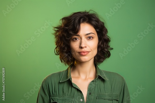 Portrait of a beautiful young woman with curly hair on green background