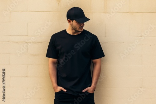 man wearing black tshirt black baseball cap