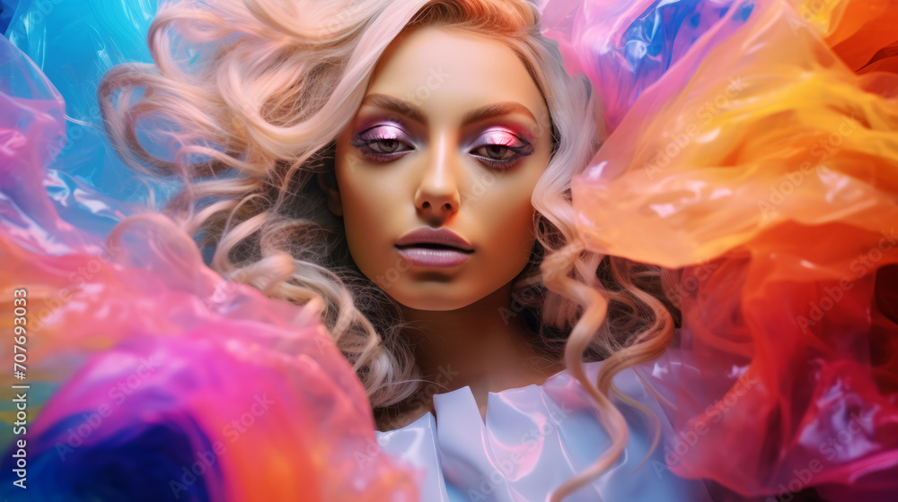 Vibrant Beauty, An Enchanting Woman With Blonde Hair and a Kaleidoscope of Colorful Makeup