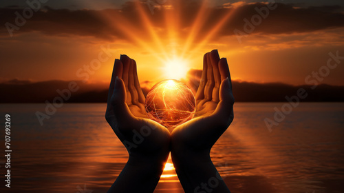 Hands holding the sun at dawn