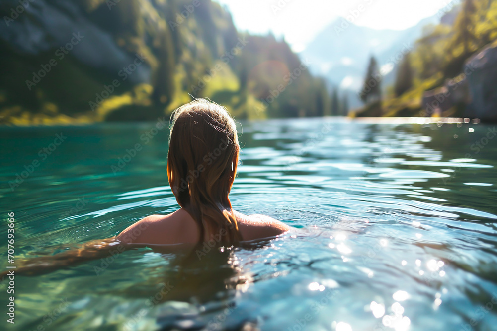 Woman taking a refreshing morning swim in a mountain lake during a summer hike. Shallow field of view. Woman taking a refreshing morning swim in a mountain lake during a summer hike. Shallow field of view.