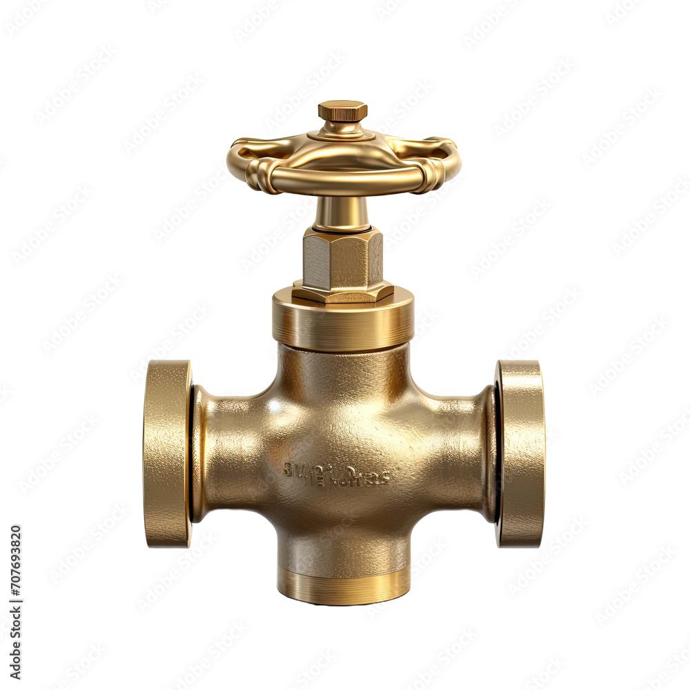  Brass water valve isolated on transparent background.