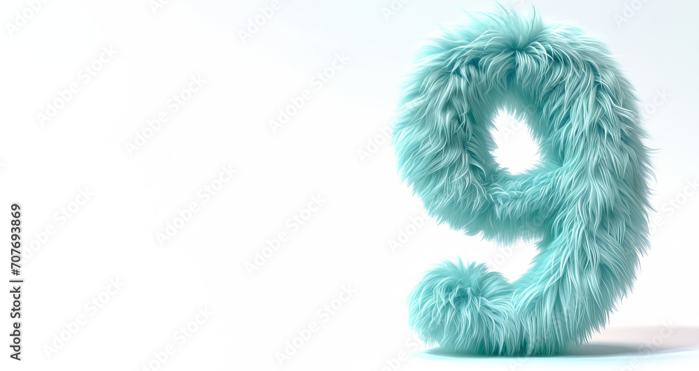 Number 9 in style fur alphabet. Isolated on white background, copy space for text. AI generated image. Number 9 in style fur alphabet. Isolated on white background, copy space for text. AI generated image.