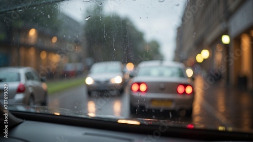 cars can be seen through a car window wet with rain 