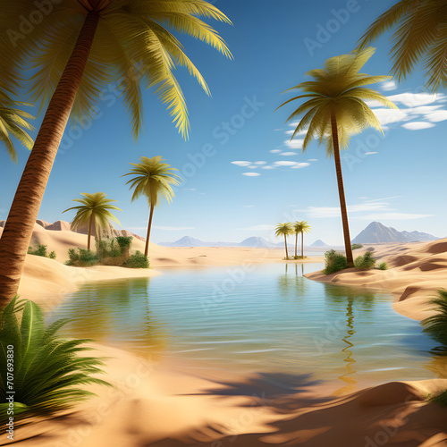 Image of an oasis hidden within a vast desert surrounded by palm trees and clear blue clouds
