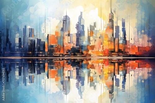 Artistic painting of skyscrapers: a photo of an abstract style cityscape panorama © Ameer