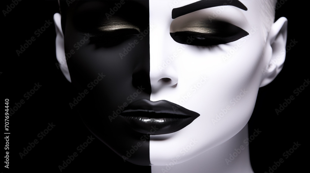 Ethereal Beauty, A Captivating Blend of Black and White Makeup Adorning a Womans Enigmatic Face