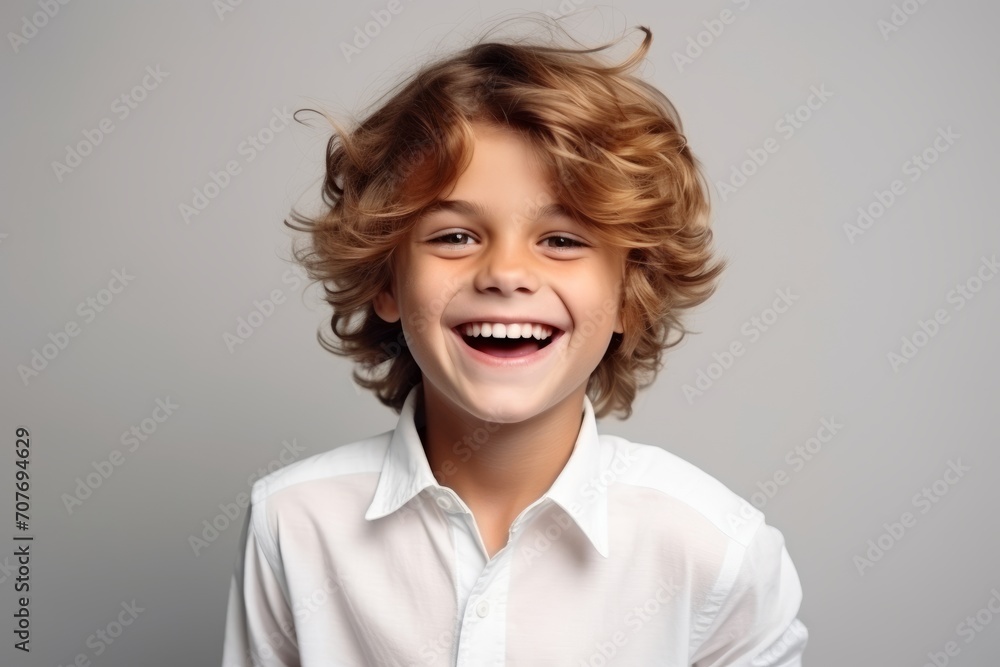 Portrait of a happy little boy with curly hair over grey background Portrait of a happy little boy with curly hair over grey background