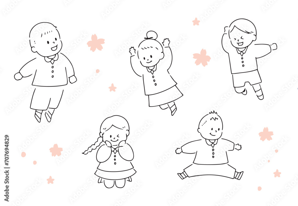 制服を着た子どもの線画セット 制服を着た子どもの線画セット