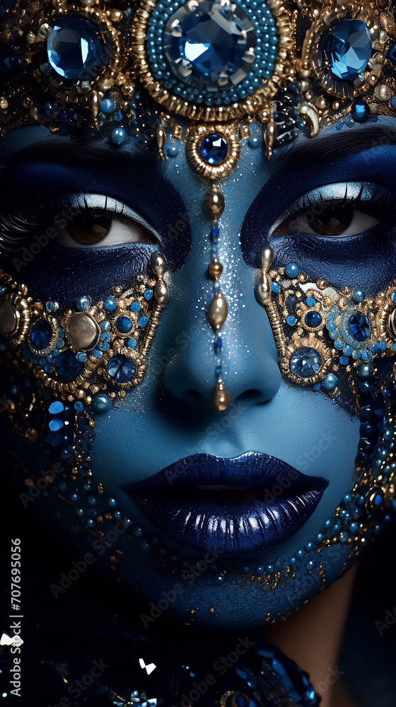 A glamorous girl with blue makeup, rhinestones and sparkles on her face. A glamorous girl with blue makeup, rhinestones and sparkles on her face.