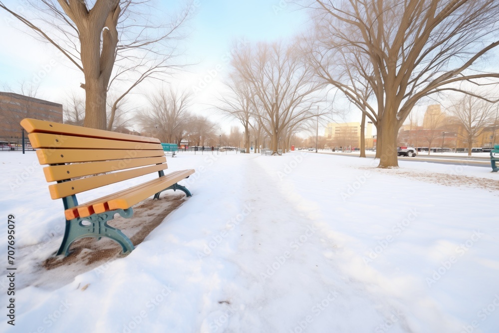 snowy park bench, diagonal footprints leading