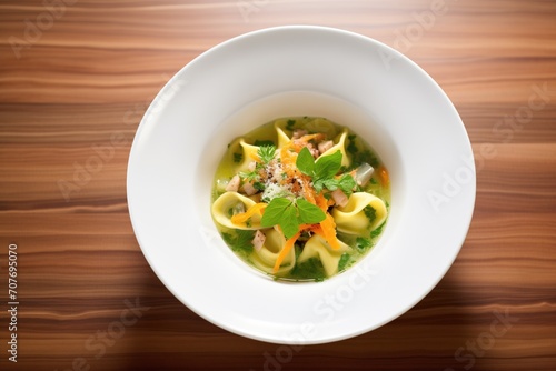 bowl of tortellini soup with a parsley garnish
