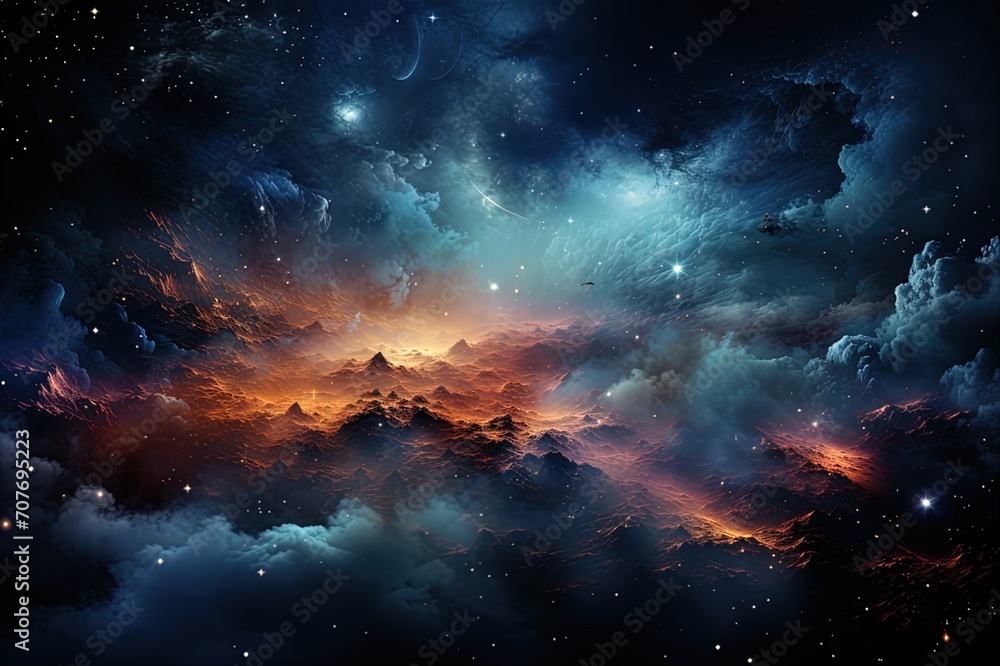 the blue sky and stars, in the style of space art, matte background, nightscapes, light indigo, high detailed, dark sky-blue, mesmerizing colorscapes