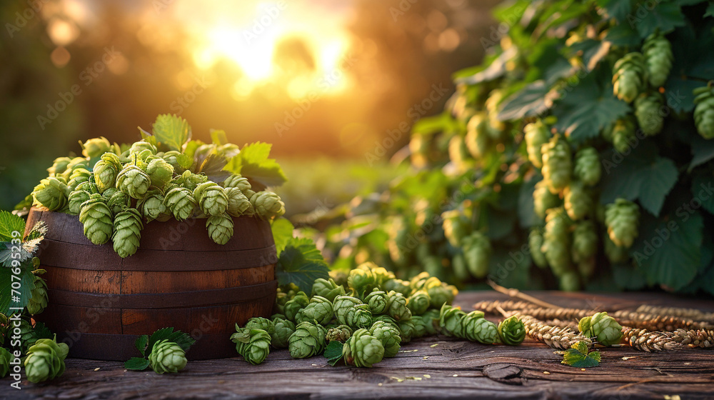 blurred background of hop plantation and sun light and rustic wooden table