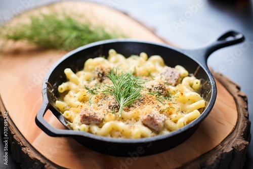 truffle mac and cheese in a cast iron skillet