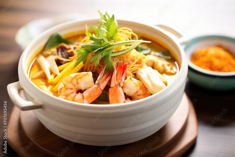 laksa soup with prawns, tofu, and bean sprouts in a bowl laksa soup with prawns, tofu, and bean sprouts in a bowl