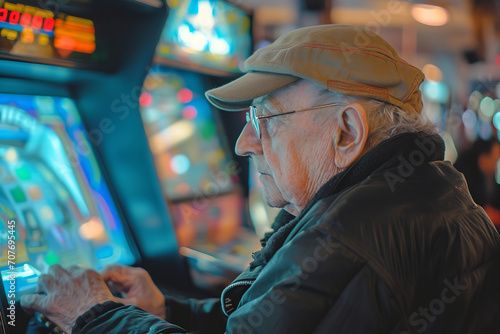 Show an elderly person revisiting an arcade - recalling fond memories as they watch younger players.  photo