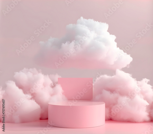 podium and minimal cloud scene, minimal product display background 3d rendered geometric shape sky cloud pink pastel
