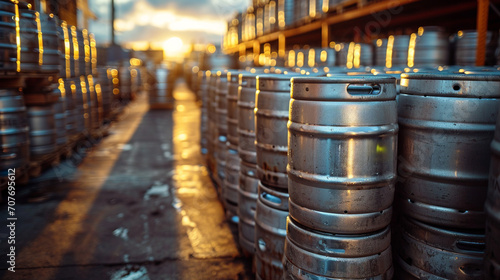 Large metal barrels or containers for beer in industrial production. Kegs for beers