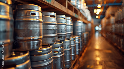 Large metal barrels or containers for beer in industrial production. Kegs for beers photo