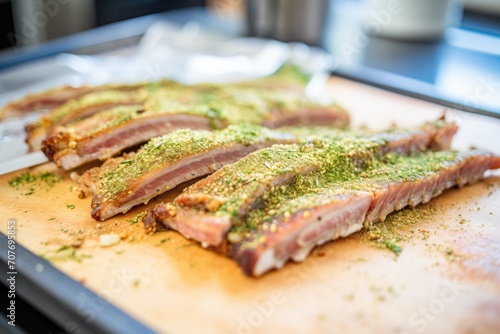 layering dry rub on ribs pre-cooking