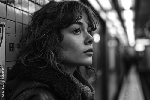 Black and White Portrait of a Girl in the Subway