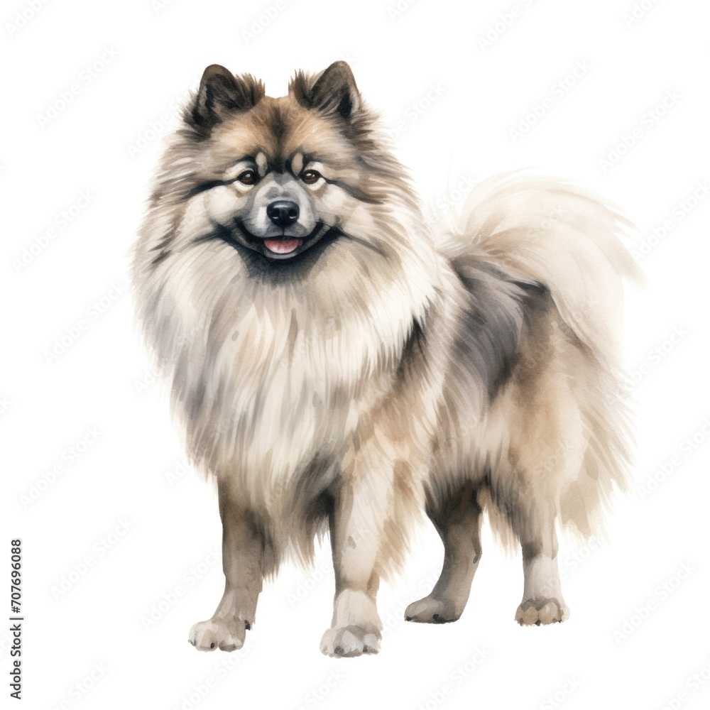 Obraz premium Keeshond dog breed watercolor illustration. Cute pet drawing isolated on white background.