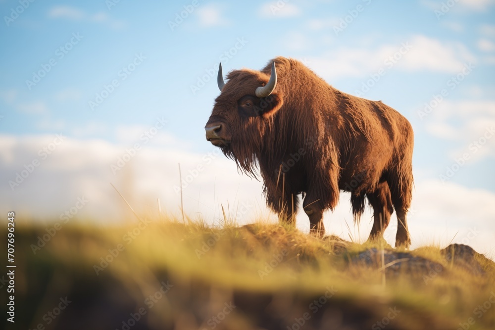 majestic bison bull standing atop a prairie hill majestic bison bull standing atop a prairie hill