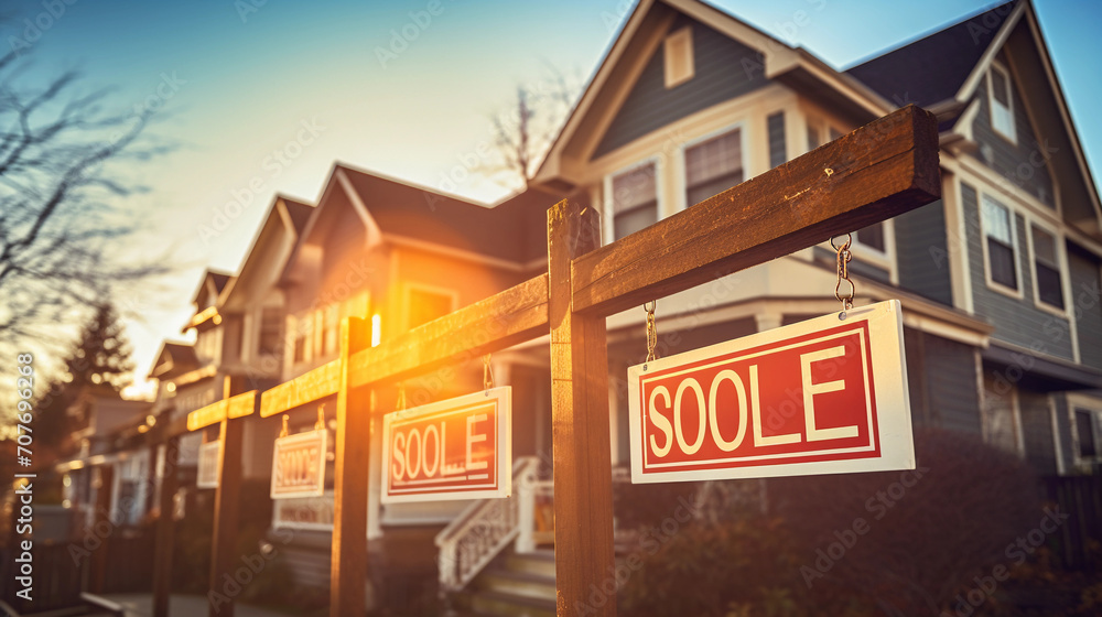 Sold Home For Sale Sign in Front of a row of town houses or home 