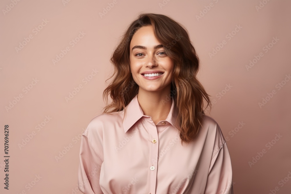 Portrait of a smiling young woman in pink shirt on pink background Portrait of a smiling young woman in pink shirt on pink background