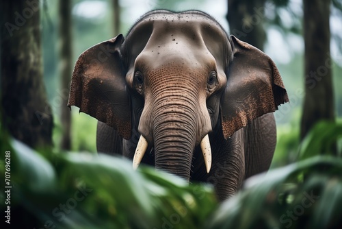 bornean elephant with large tusks framed by foliage