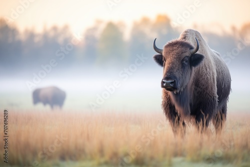 frost-covered bison on a misty prairie morning