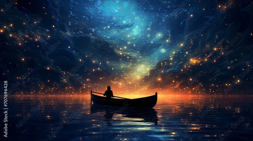 Boy exploring the starry night sea with a glowing boat, digital art illustration - obrazy, fototapety, plakaty 